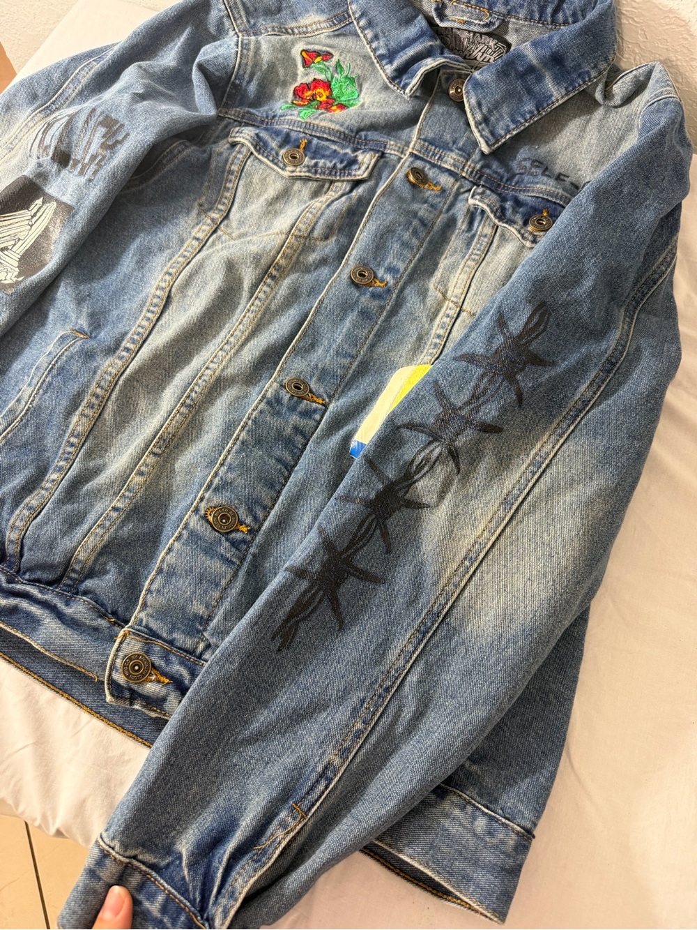 Brooklyn Cloth Light Blue Denim Jacket with Multicolor Patch Accents - Picture 5 of 10